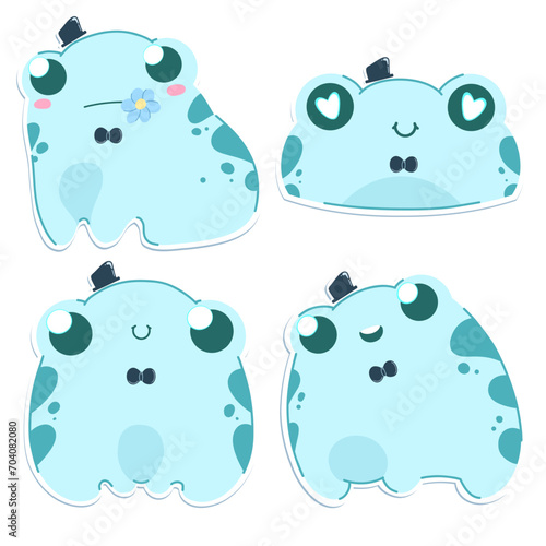 set of cartoon vector, cute and gallant frogs in blue color with a hat and bow tie