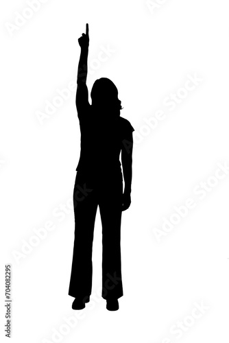 black and white silhouette of a woman pointing finger up