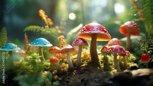 A low-angle shot showcasing a fairy-tale-like cluster of rainbow mushrooms surrounded by emerald greenery. -Generative Ai