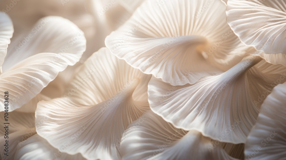 A macro shot capturing the delicate beauty of Oyster mushrooms, their frilly edges highlighted in soft natural light. -Generative Ai A macro shot capturing the delicate beauty of Oyster mushrooms, their frilly edges highlighted in soft natural light. -Generative Ai