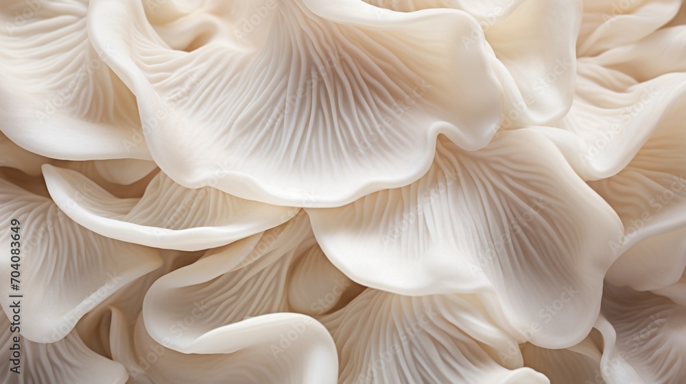 A macro shot capturing the delicate beauty of Oyster mushrooms, their frilly edges highlighted in soft natural light.  -Generative Ai - obrazy, fototapety, plakaty 