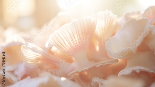 A macro shot capturing the delicate beauty of Oyster mushrooms, their frilly edges highlighted in soft natural light.  -Generative Ai