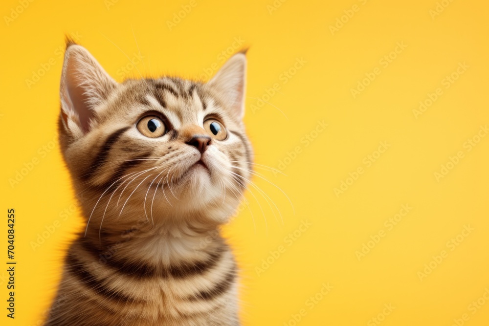 Curious kitten looking upwards on solid yellow background. Pet innocence and curiosity.