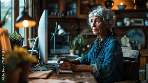 Elderly woman learning to use a computer ,senior technology adoption. Close-up portrait of a woman sitting in front of a monitor 