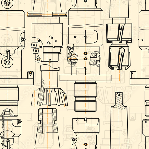 Mechanical engineering drawings on sepia background. Tap tools, borer. Technical Design. Cover. Blueprint. Seamless pattern. Vector illustration.