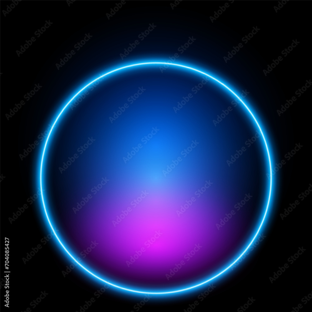 Round neon frame, glowing circle on black background, vector illustration.