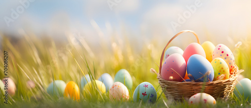 Easter eggs in a basket in grass