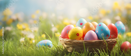 Easter eggs in a basket in grass
