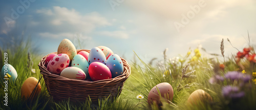 Easter eggs in a basket in grass
