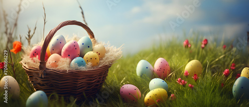 Easter eggs in a basket in grass