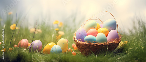 Easter eggs in a basket in grass