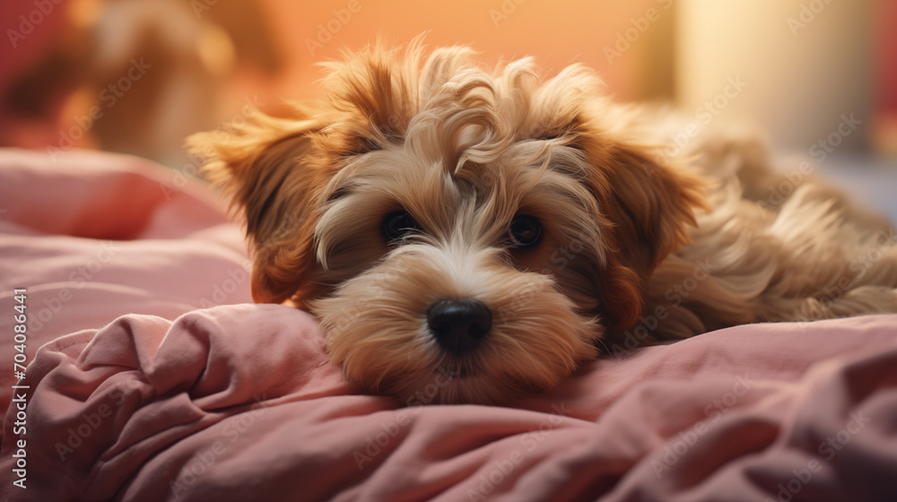 Calm ginger terrier puppy lying on a pink cozy blanket, at bedroom, warm light Calm ginger terrier puppy lying on a pink cozy blanket, at bedroom, warm light