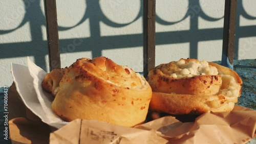 Albanian bread filled with Cheese, Take Away Snack in the Sun, Close Up