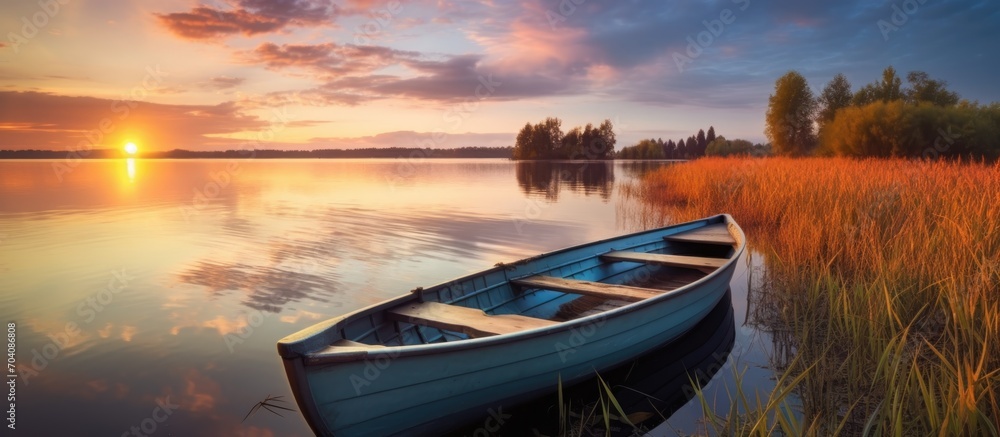 Wooden rowboat on calm lake at sunset surrounded by reeds - obrazy, fototapety, plakaty 