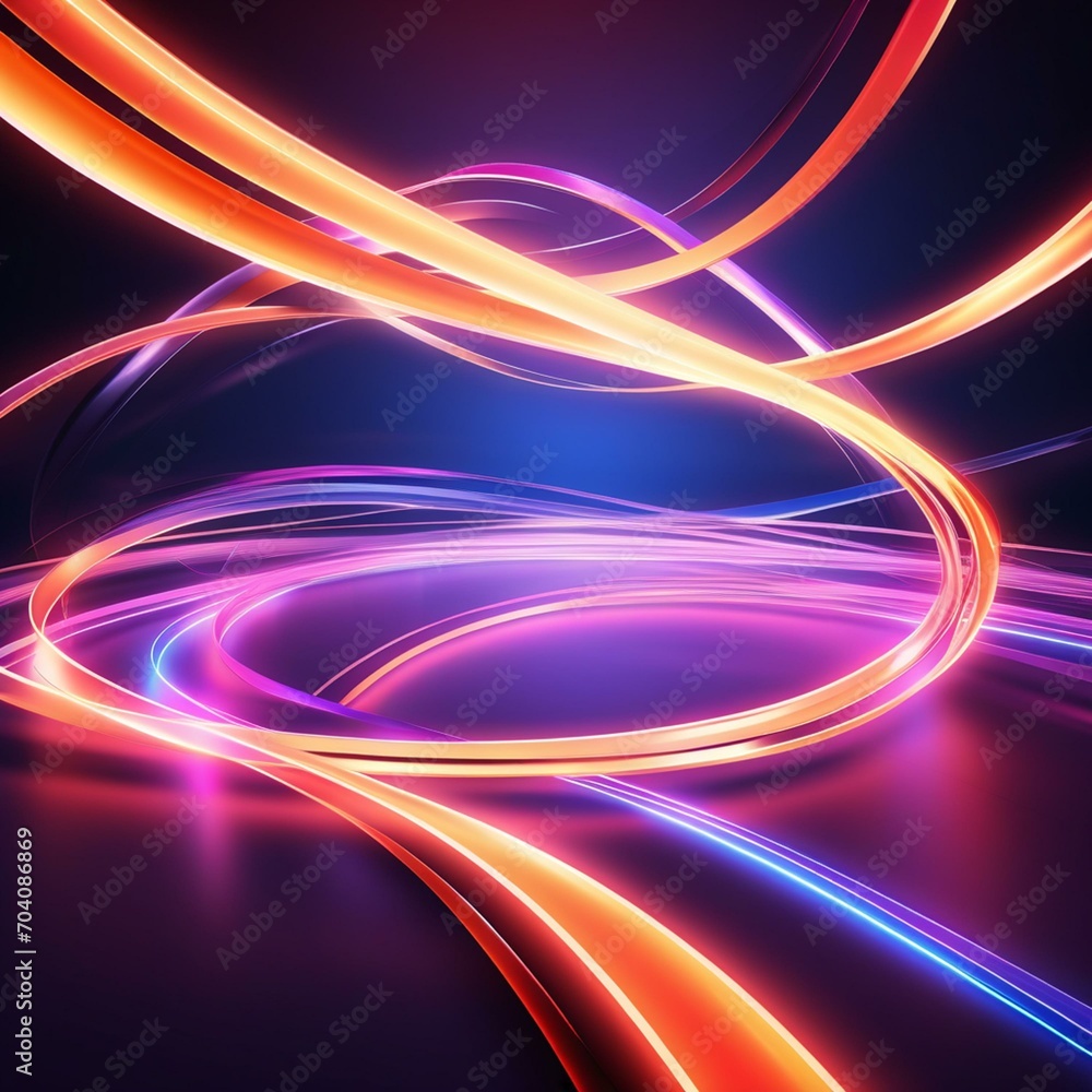 Vibrant neon abstract background with glowing fluorescent lines in a dark room, reflecting on the floor. Dynamic curvy ribbon, panoramic wallpaper, and digital energy transfer concept. Vibrant neon abstract background with glowing fluorescent lines in a dark room, reflecting on the floor. Dynamic curvy ribbon, panoramic wallpaper, and digital energy transfer concept.
