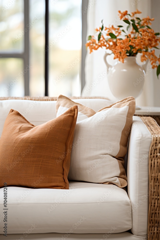 Obraz premium Woven Wicker Rattan Cane Accent Chair with White and Brown Throw Pillows