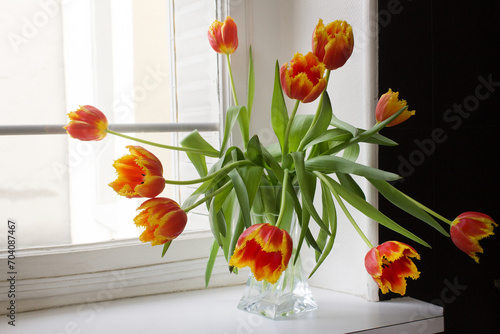 bouquet of colorful tulips flowers in a vase on white window