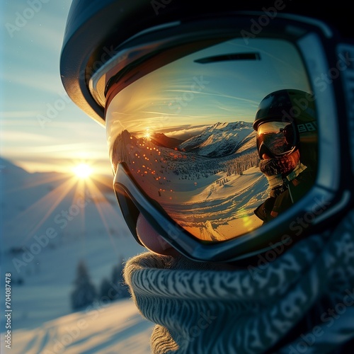 Close up of winter snow scene reflection in snowboarder’s ski goggles at sunset. 