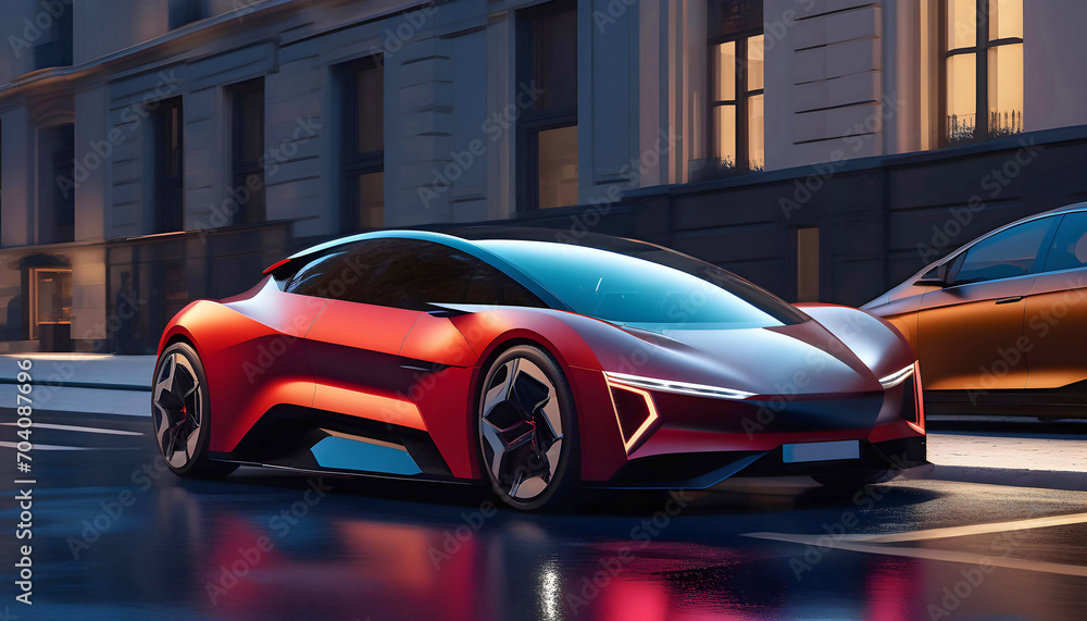 Concept electric car of the future in bright light on the city streets, beautiful graphic illustration, pop art,