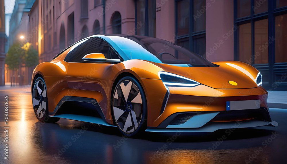 Concept electric car of the future in bright light on the city streets, beautiful graphic illustration, pop art,