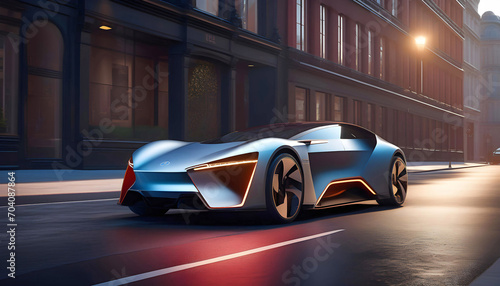 Concept electric car of the future in bright light on the city streets, beautiful graphic illustration, pop art, © Perecciv
