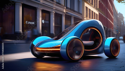 Concept electric car of the future in bright light on the city streets, beautiful graphic illustration, pop art,