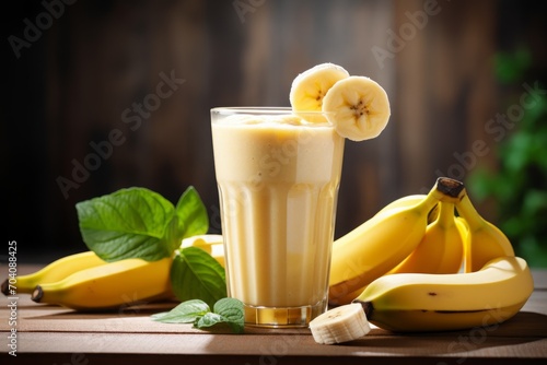 glass of banana smoothie, shake on the table on dark background. healthy vegan drink. beverage.