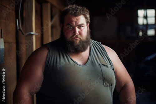 handsome thick obese man with a beard. rugged, portrait of a male fat person, brutal and powerful.