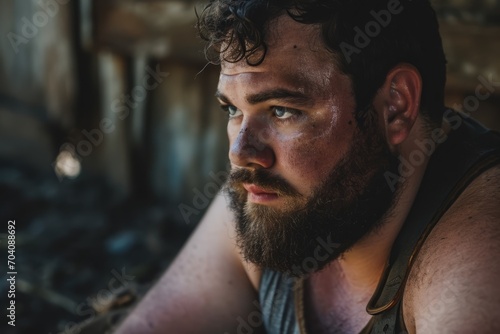 handsome thick obese man with a beard. rugged, portrait of a male fat person, brutal and powerful.