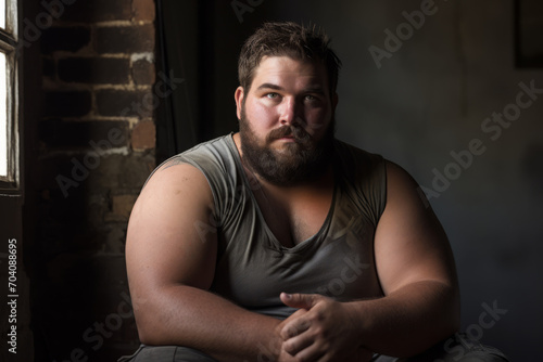 handsome thick obese man with a beard. rugged, portrait of a male fat person, brutal and powerful.