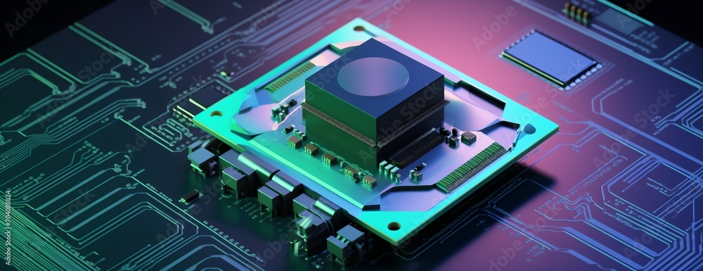 3D rendering of a computer chip with green and blue circuit board 3D rendering of a computer chip with green and blue circuit board