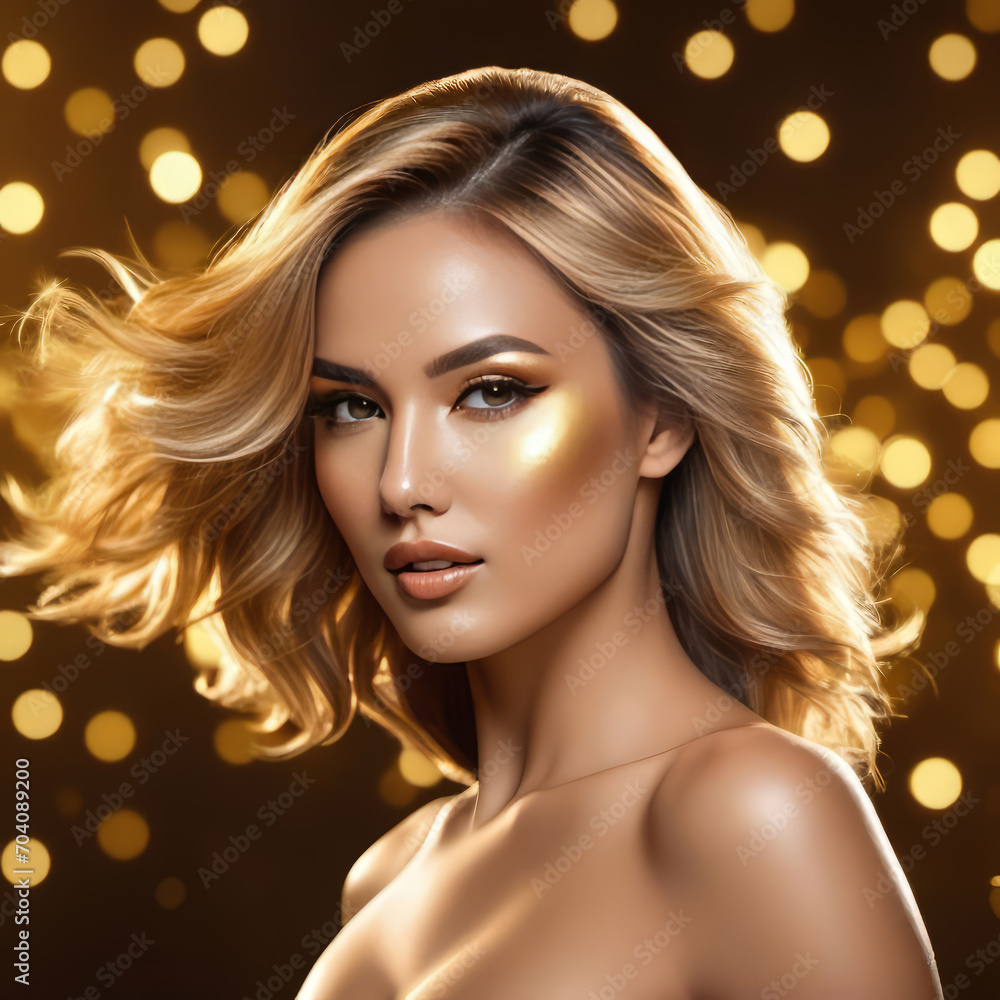 Woman model in golden bright glitter, golden skin, beautiful girl model with holiday composition, golden shining professional banner with empty copy space, Golden metal body,