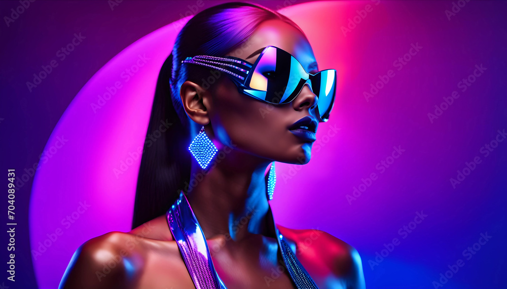 High fashion model with metallic silver lips and personable women in colorful neon ultraviolet blue and violet lights, posing in studio, beautiful girl, glowing makeup, colorful makeup. High fashion model with metallic silver lips and personable women in colorful neon ultraviolet blue and violet lights, posing in studio, beautiful girl, glowing makeup, colorful makeup.