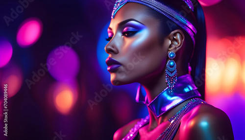 High fashion model with metallic silver lips and personable women in colorful neon ultraviolet blue and violet lights, posing in studio, beautiful girl, glowing makeup, colorful makeup.