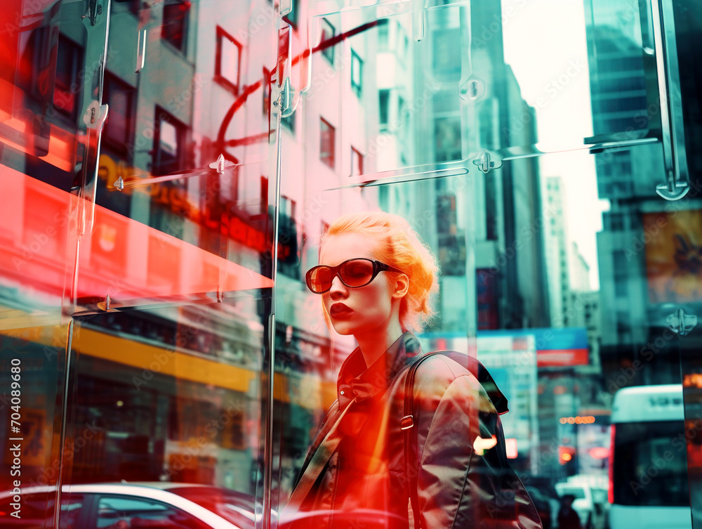 Obraz premium Retro Urban Woman in Neon City Reflection
