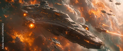 Armored space dreadnought emerges from the clouds with a swarm of smaller fighters photo
