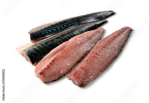 Fototapete Raw mackerel fillets on white background
