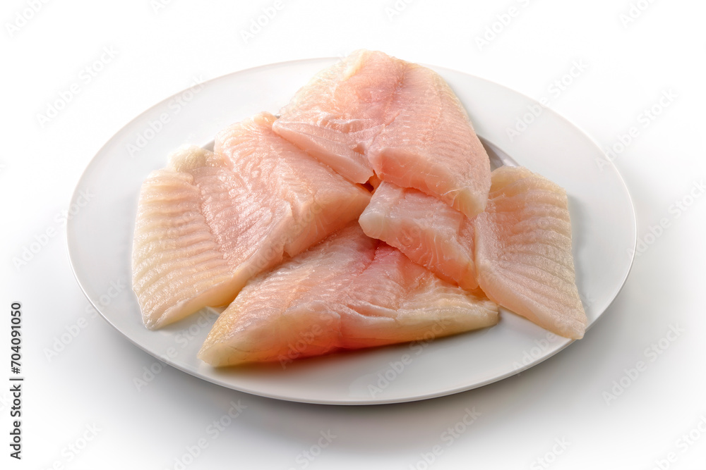 Round white plate with raw fish fillets