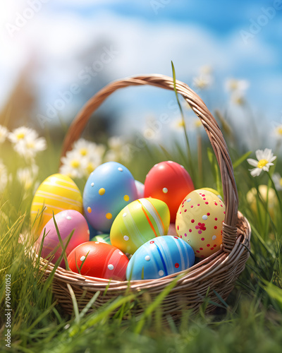 Easter eggs in basket in a meadow