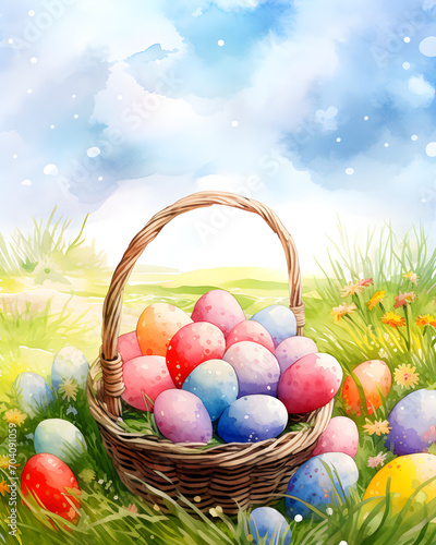 Easter eggs in basket in a meadow watercolor