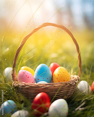 Easter eggs in basket in a meadow