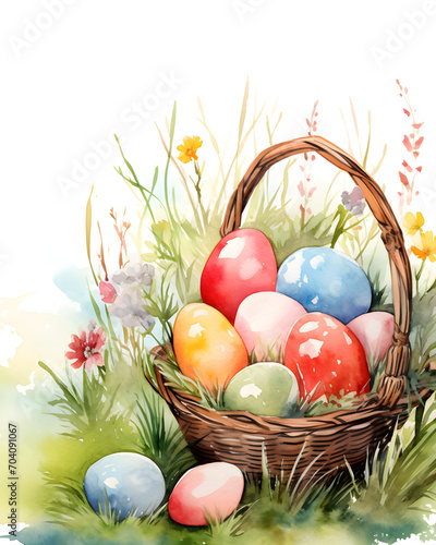 Easter eggs in basket in a meadow watercolor