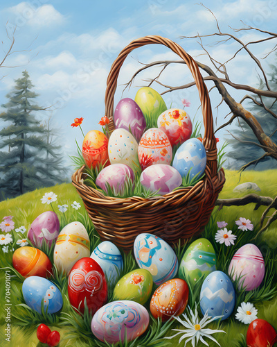 Easter eggs in basket in a meadow oil painting