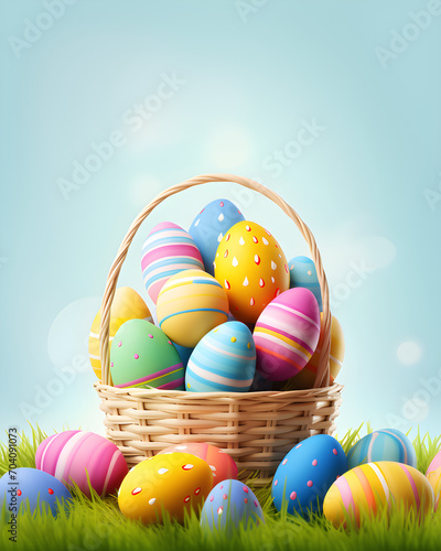 Easter eggs in basket in a meadow