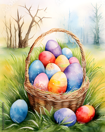 Easter eggs in basket in a meadow watercolor