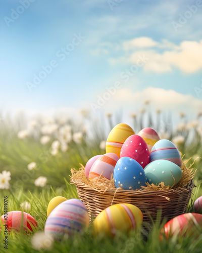 Easter eggs in basket in a meadow