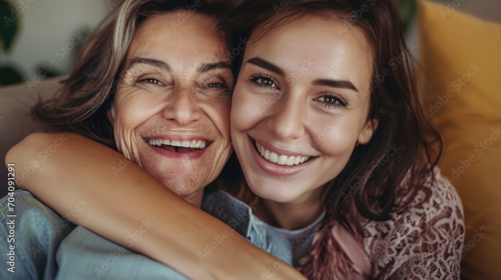 Two caucasian women mother and daughter sitting on sofa at home embracing each other and smiling on Hugs day or women's day Two caucasian women mother and daughter sitting on sofa at home embracing each other and smiling on Hugs day or women's day