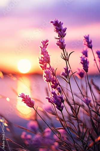 Branch of lavender violet flowers against the backdrop of a soft purple sunset sunlight 