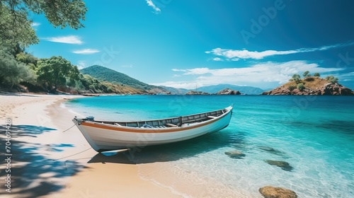 Wooden boat on a beach with turquoise water © duyina1990