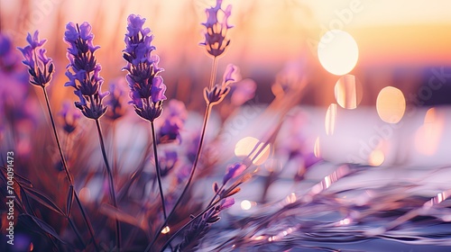 Branch of lavender violet flowers against the backdrop of a soft purple sunset sunlight 